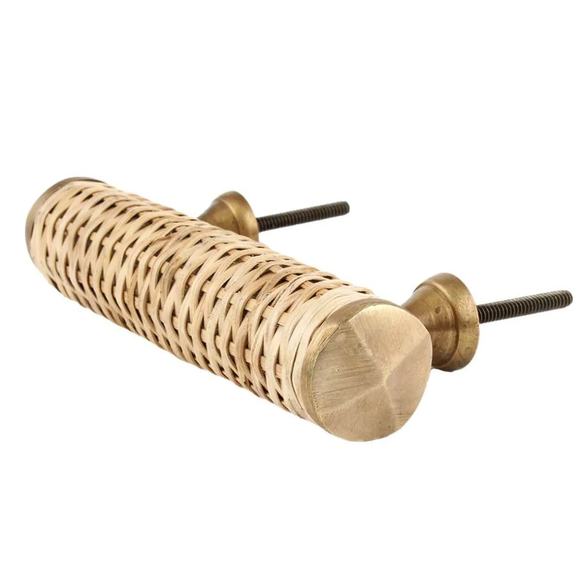 Dunstanburgh woven rattan bar handle with antique brass-finish end caps and two fixing bolts