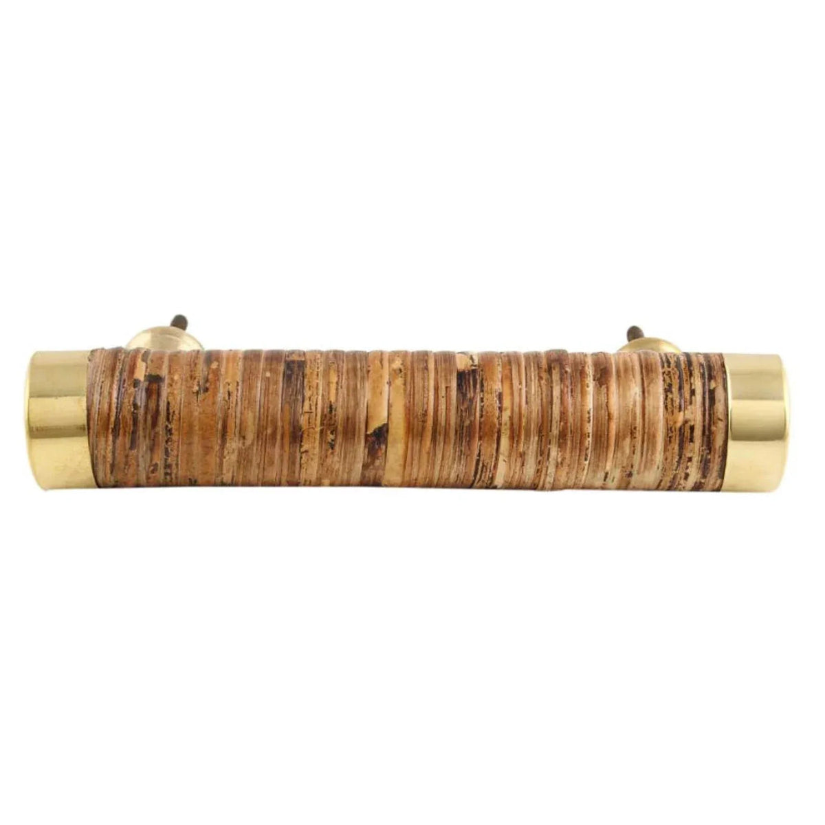 Front view of Coquet rattan-wrapped drawer handle with gold-coloured end fittings on a white background