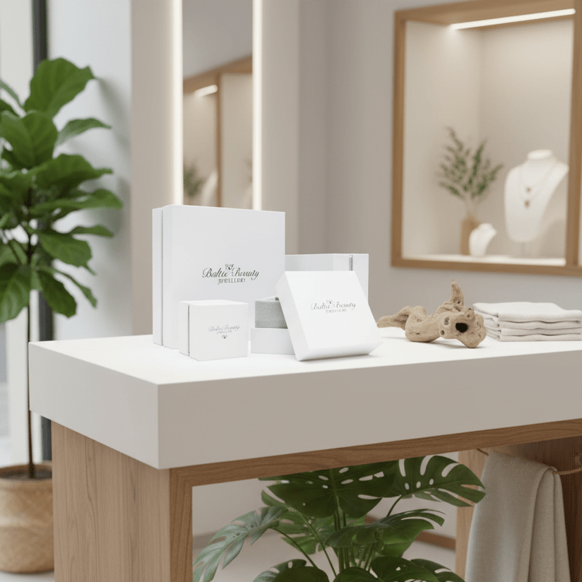 White jewelry box and packaging on a white table with plants and a mirror in the background