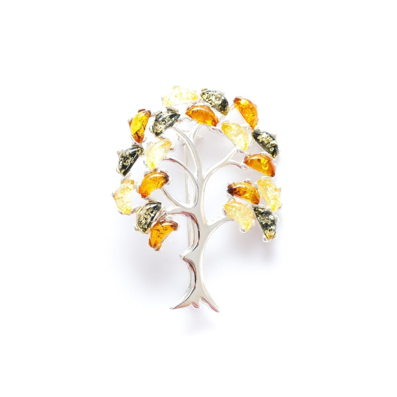 Brooch with amber stones on a white background