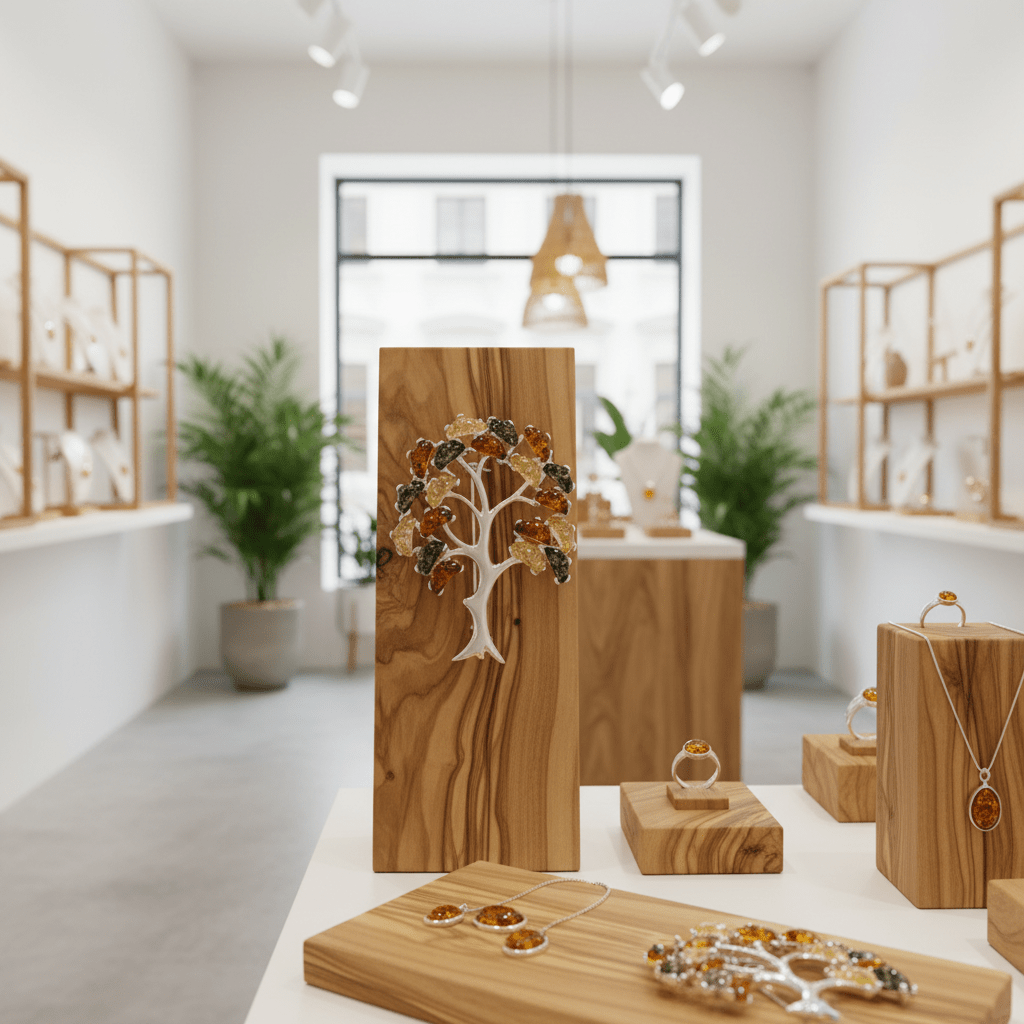 Wooden jewelry display with tree design in a store setting
