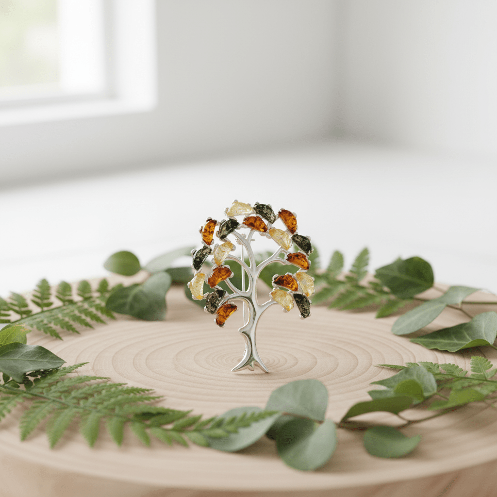 Silver tree-shaped jewelry piece with colored stones on a wooden surface with green leaves.
