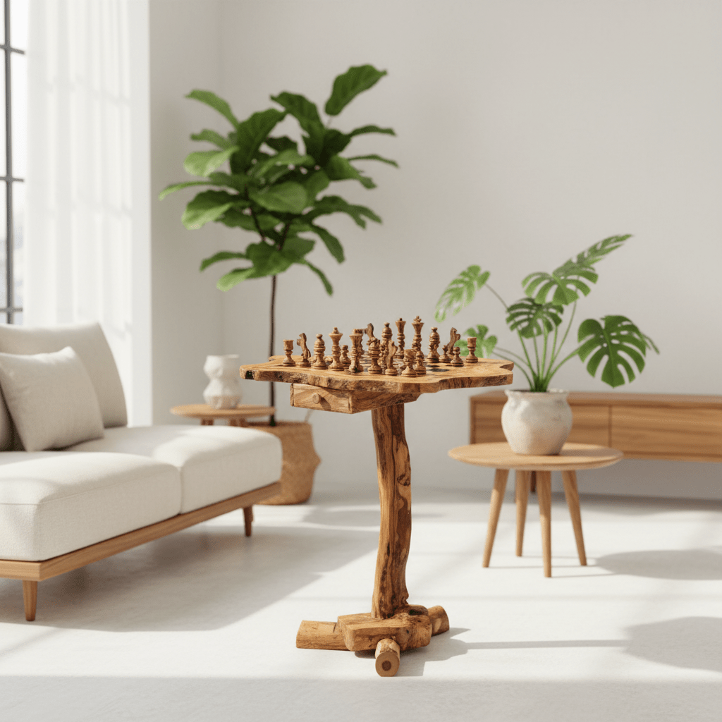 Wooden chess table in a modern living room with plants and a sofa.