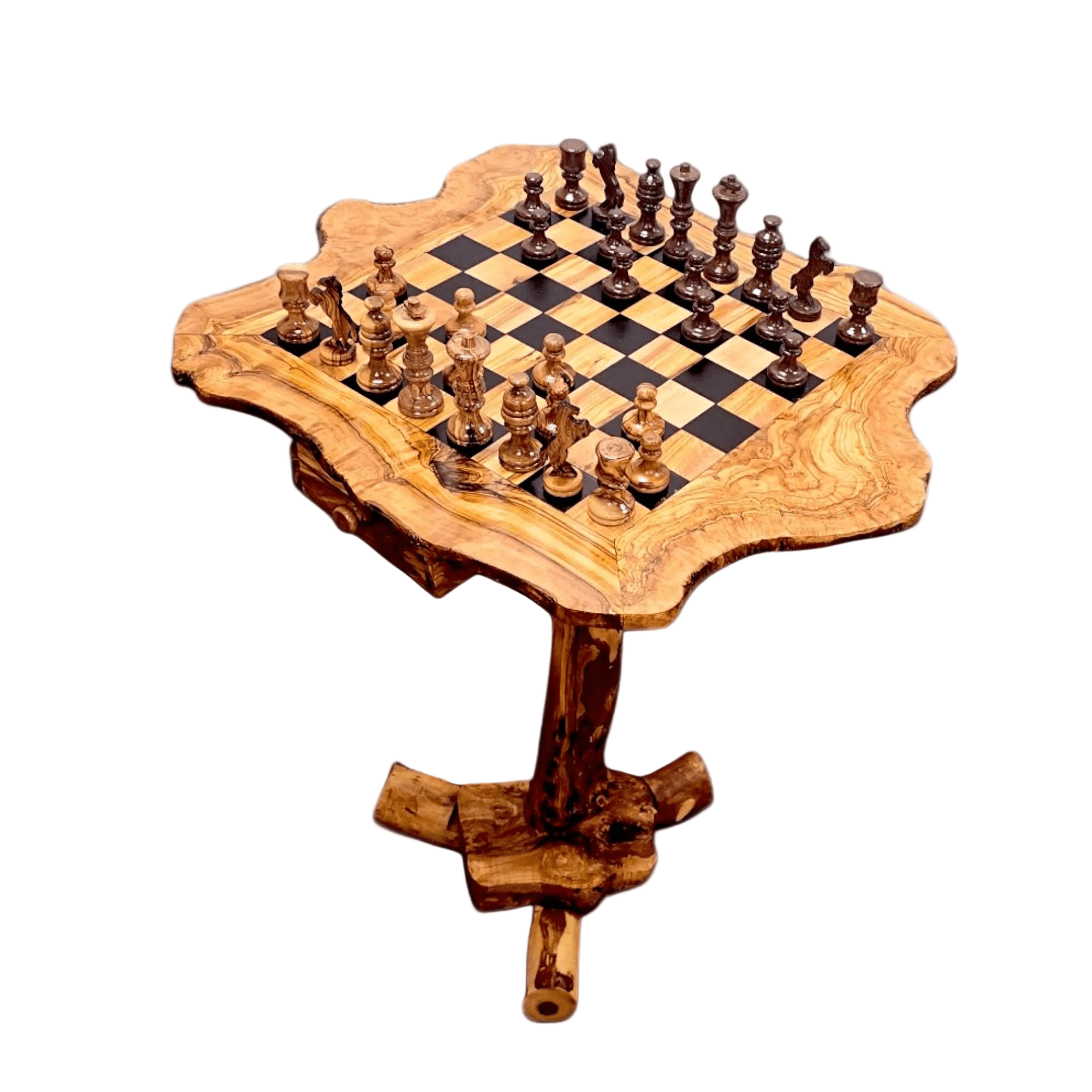 Wooden chess table with chess pieces on a white background