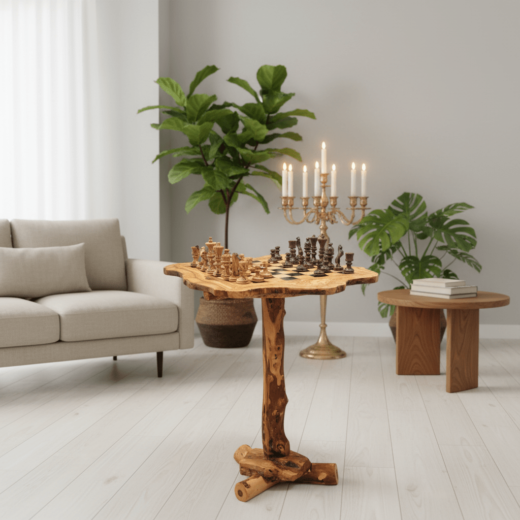 Wooden table with chessboard and pieces in a living room setting with plants and a candelabra.