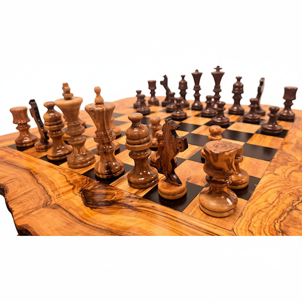 Wooden chess set with pieces on a checkered wooden board