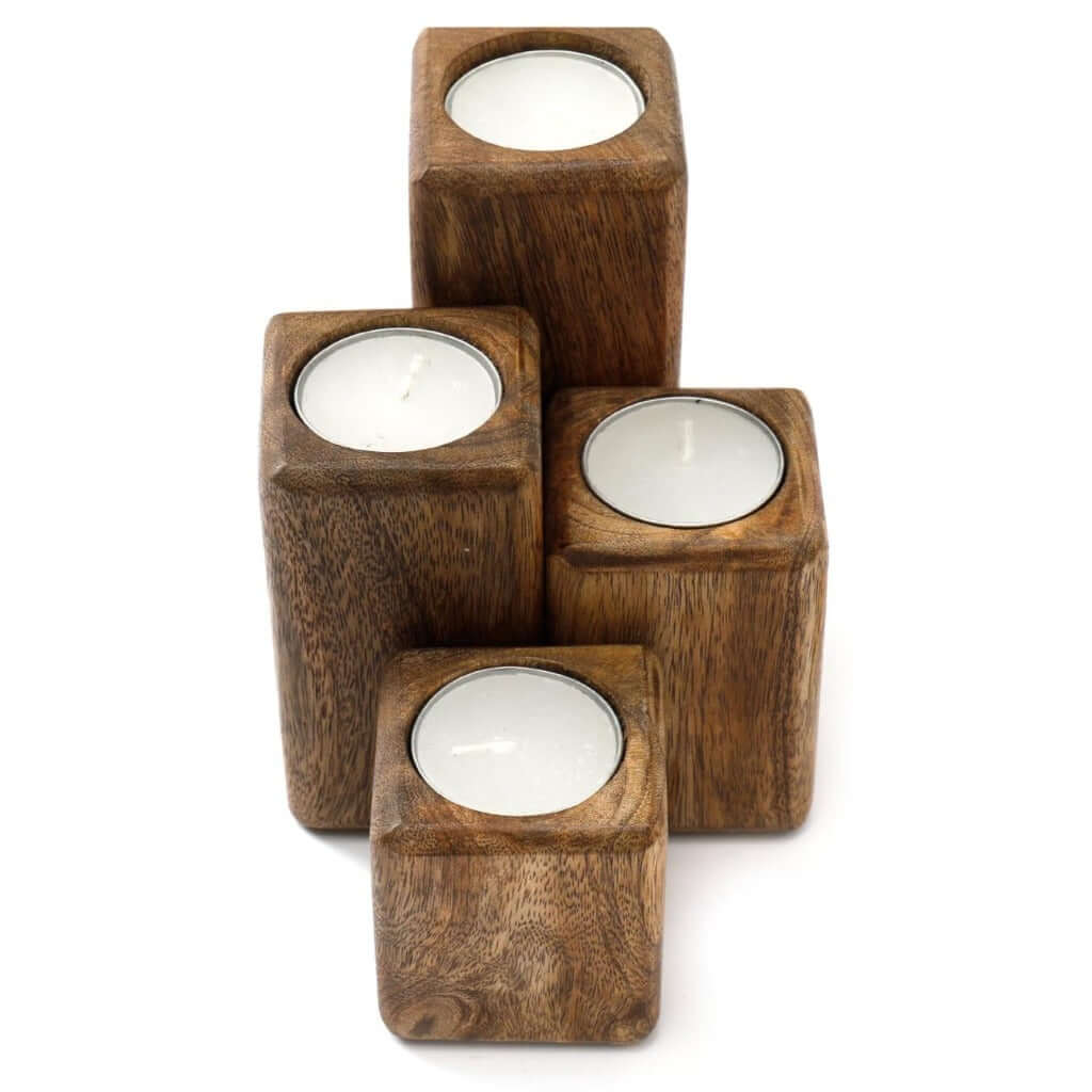 Set of Four Mango Wood Tealight Holders-0