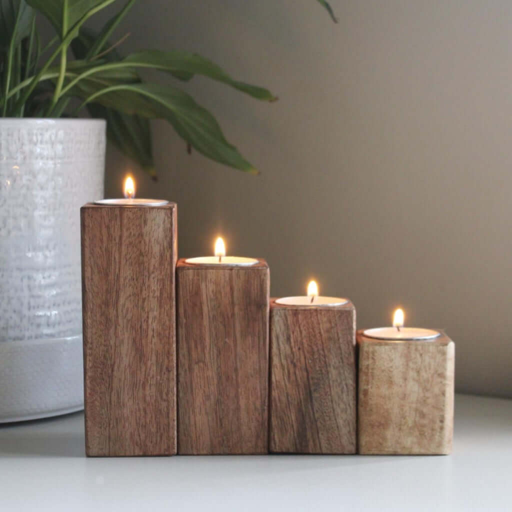 Set of Four Mango Wood Tealight Holders-1