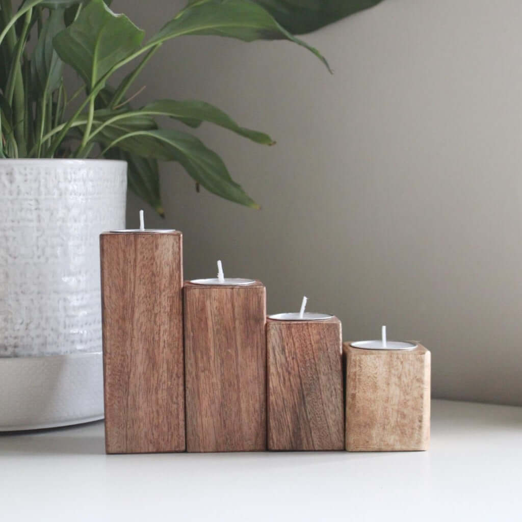 Set of Four Mango Wood Tealight Holders-2