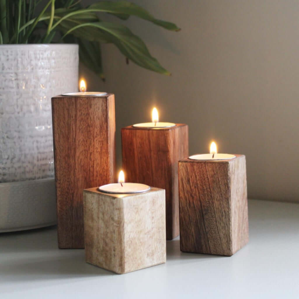 Set of Four Mango Wood Tealight Holders-3