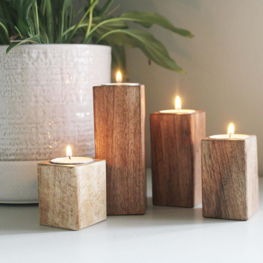 Set of Four Mango Wood Tealight Holders-5