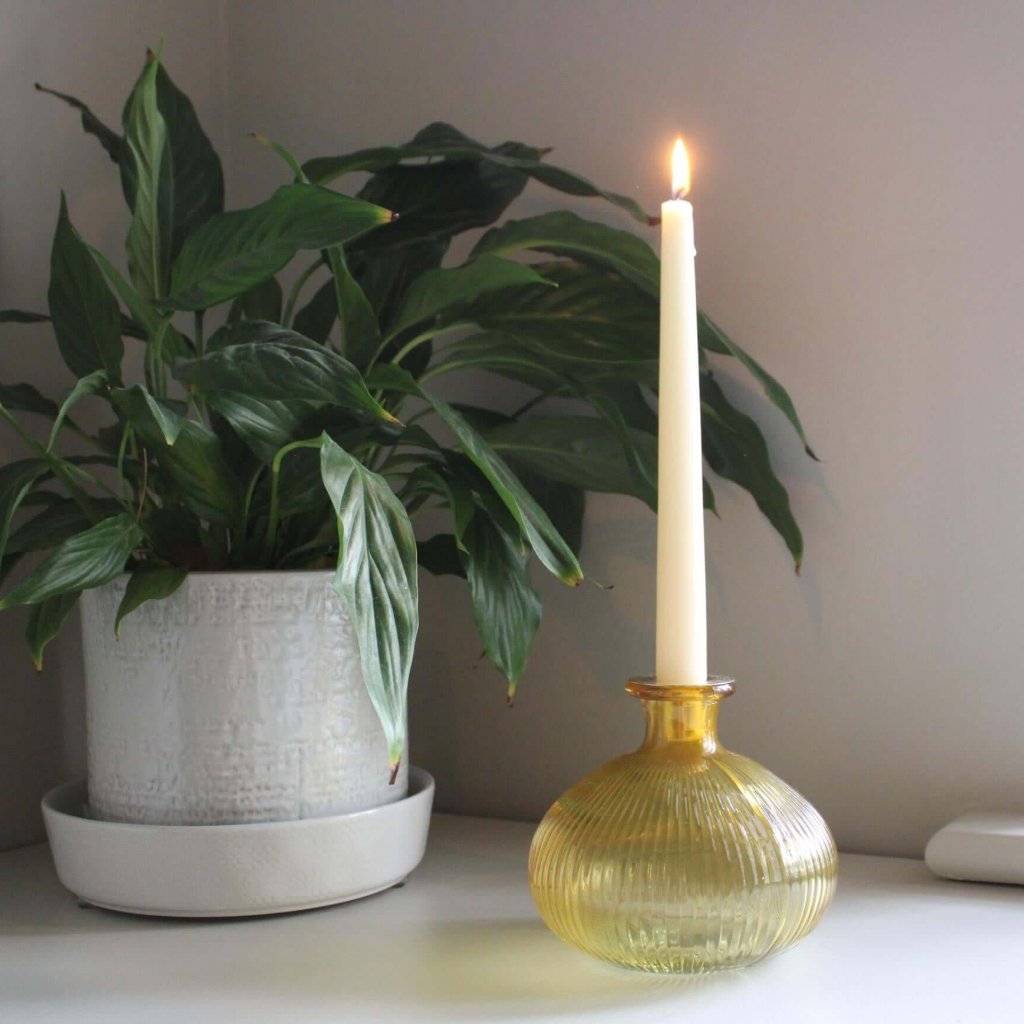 Yellow Ribbed Glass Candle Holder-1