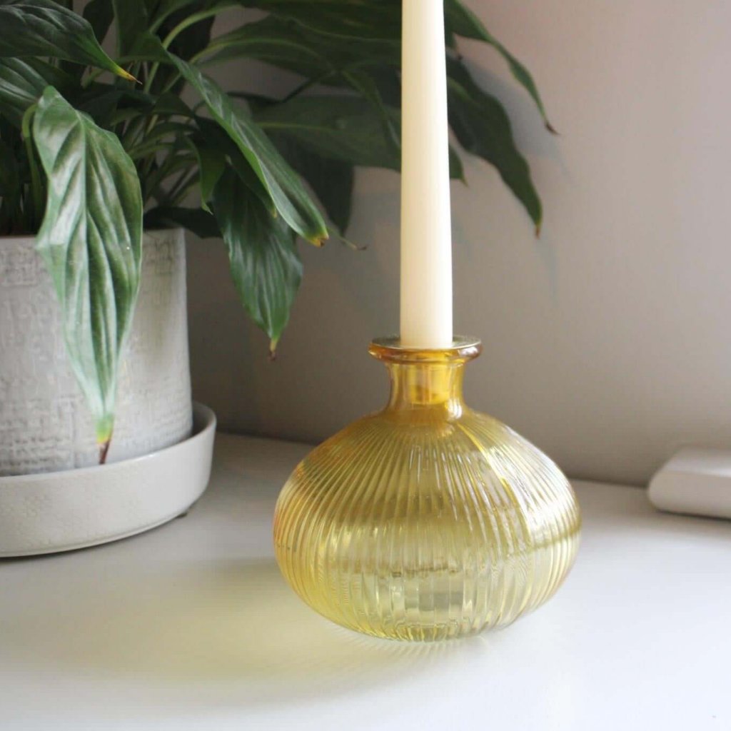 Yellow Ribbed Glass Candle Holder-2