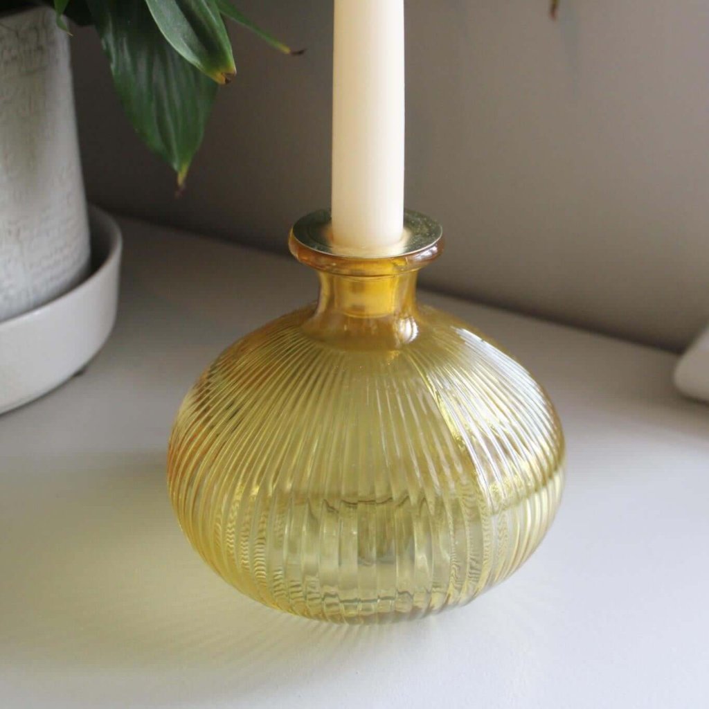 Yellow Ribbed Glass Candle Holder-3