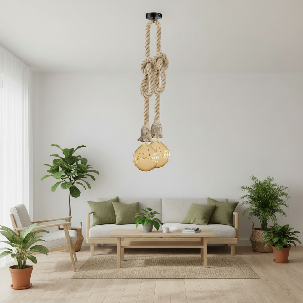 Modern Hemp Rope Hanging Pendant Light with twin Edison Love bulbs hanging in a modern bright white living space with olive green decor, wooden furniture and exotic plants