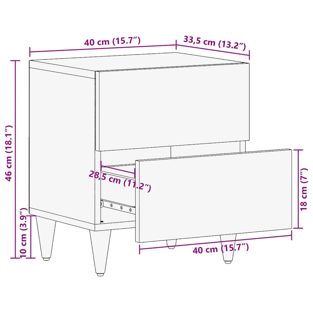 Dimensions of a piece of furniture with measurements in centimeters and inches.