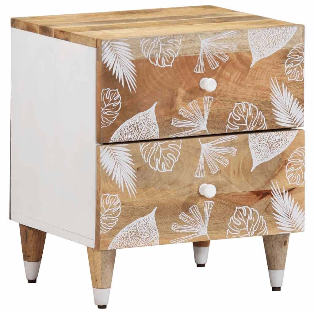 Wooden nightstand with leaf pattern and white accents on a plain background