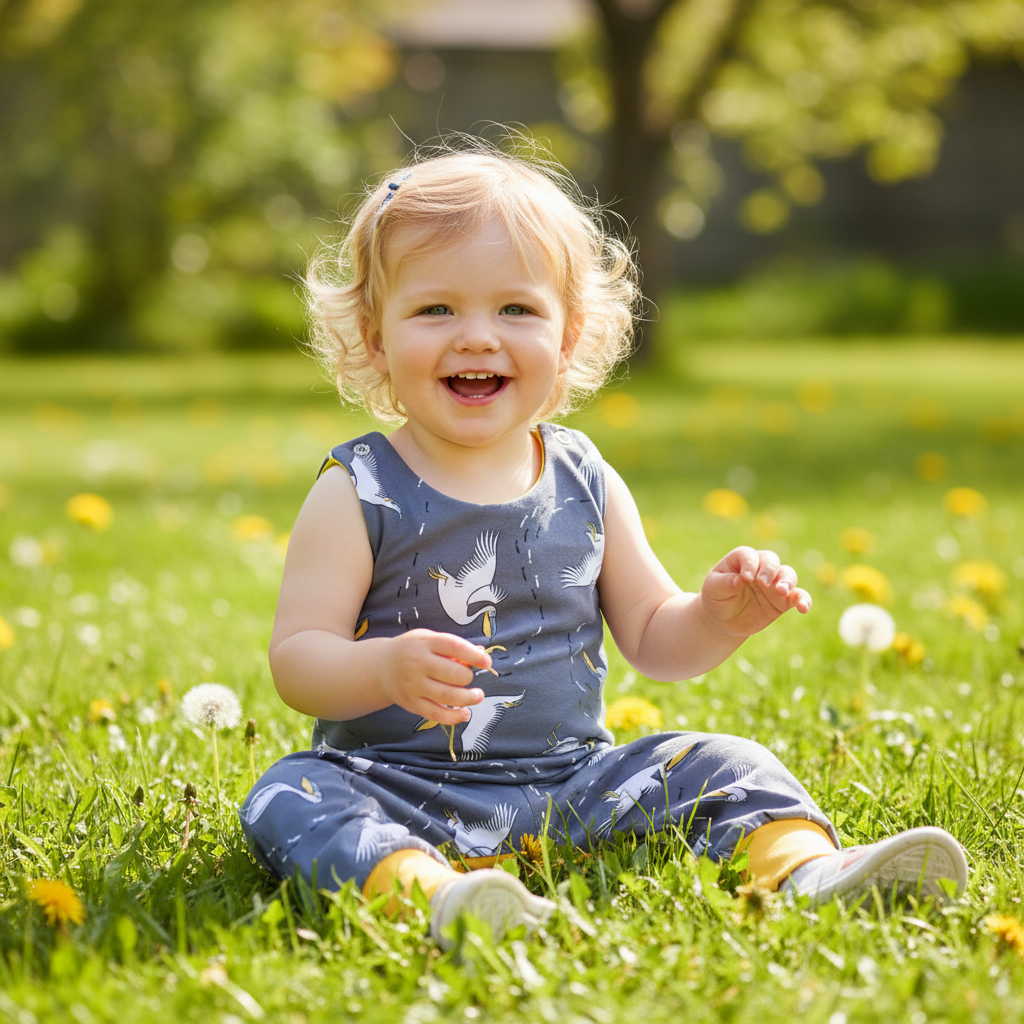 Baby wearing grey pelican print harem romper with yellow cuffs playing outdoors - ILO Clothing at Emmy Jane Boutique