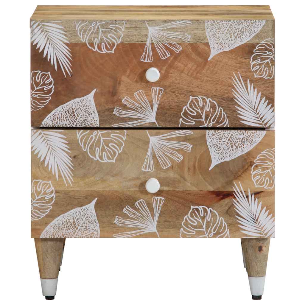 Wooden nightstand with white leaf patterns on a white background