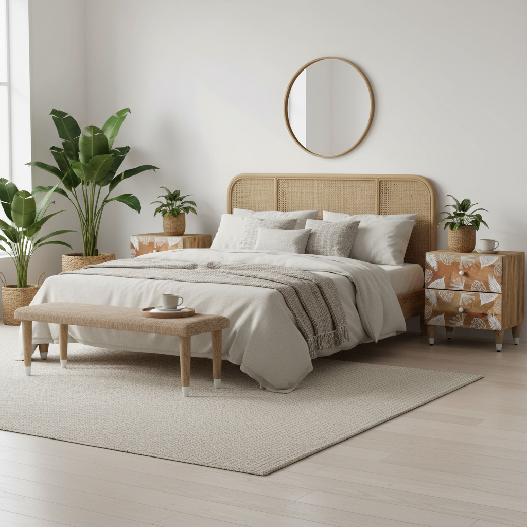A styled bedroom scene with a bed dressed in light beige bedding, a woven rattan headboard, a matching bench at the foot, patterned nightstands, potted plants, and a round wall mirror against a bright white wall.
