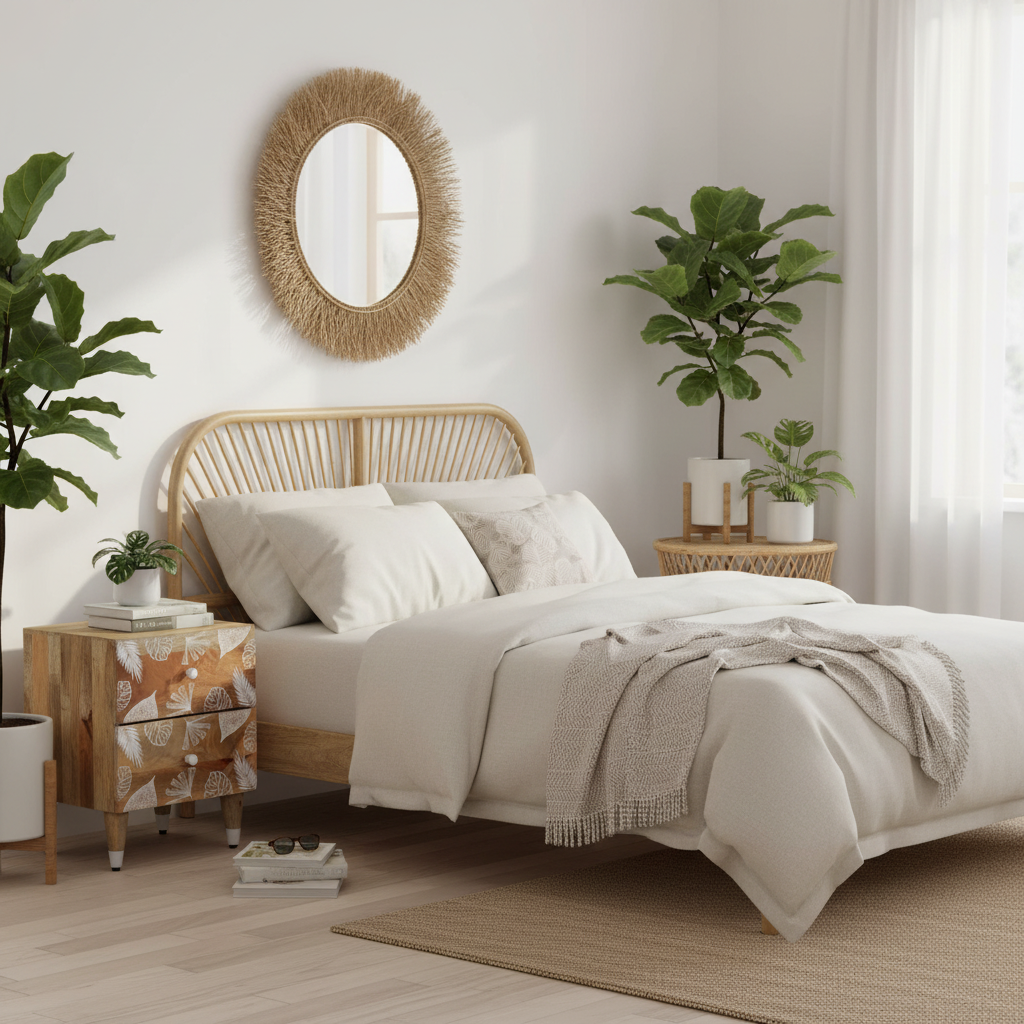 A neatly made bed with white bedding and a beige throw blanket, set in a bright, modern bedroom with a light wood headboard, a matching wood nightstand, a round woven wall mirror, and potted plants.