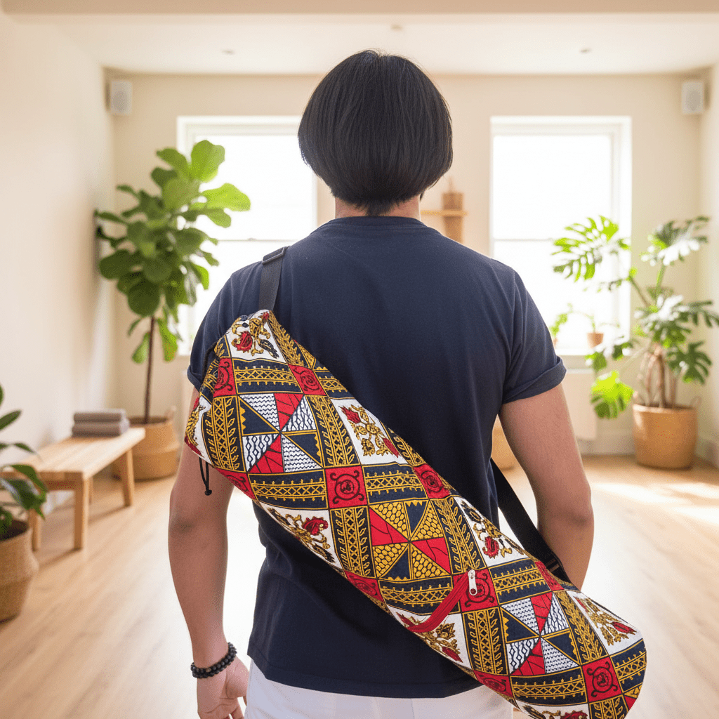 Person carrying a colourful, patterned yoga bag in a bright room with plants