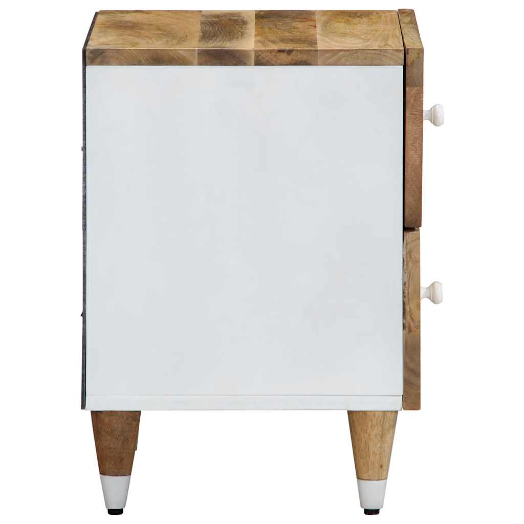 Wooden bedside table with white panel and checkered top on a white background