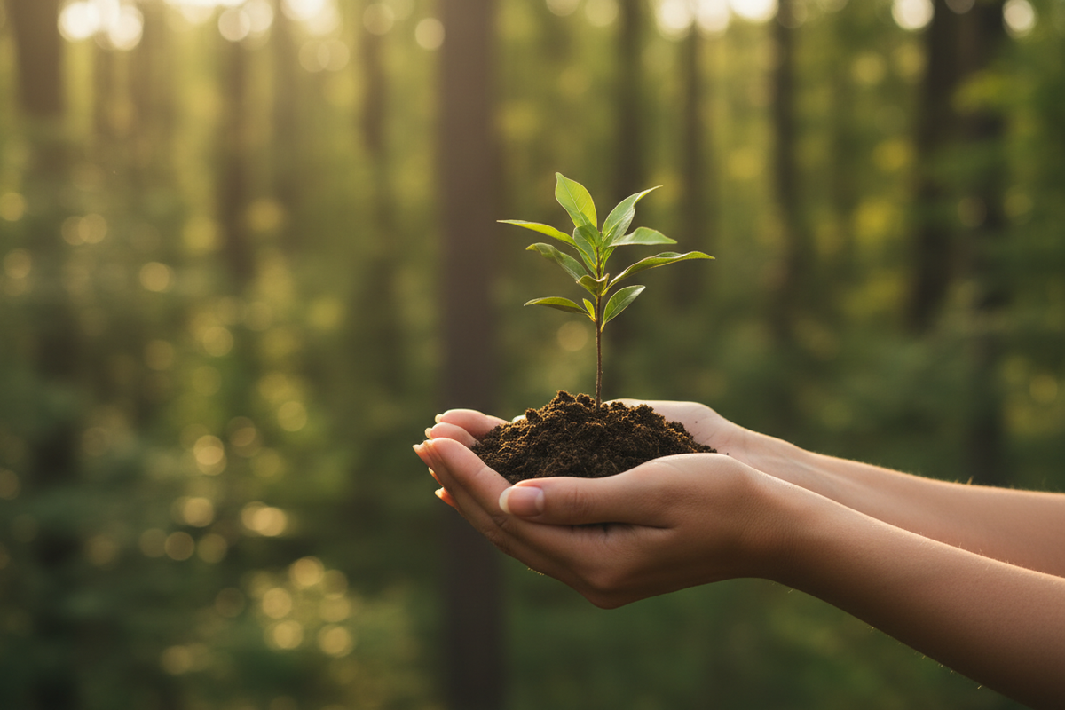 Hands planting a tree sapling — Emmy Jane Boutique plants a tree with every order through Ecologi