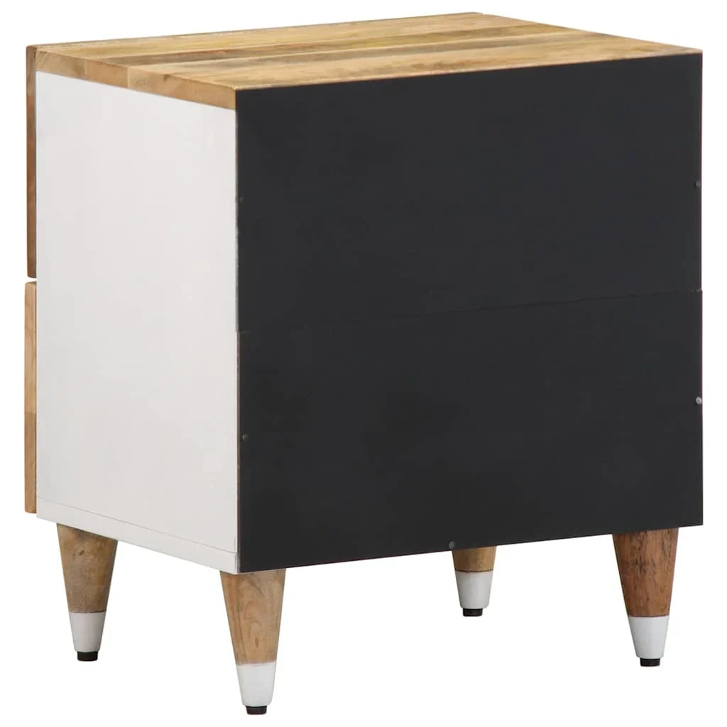 Small cabinet with wooden top and legs, black front panel, and white sides on a white background