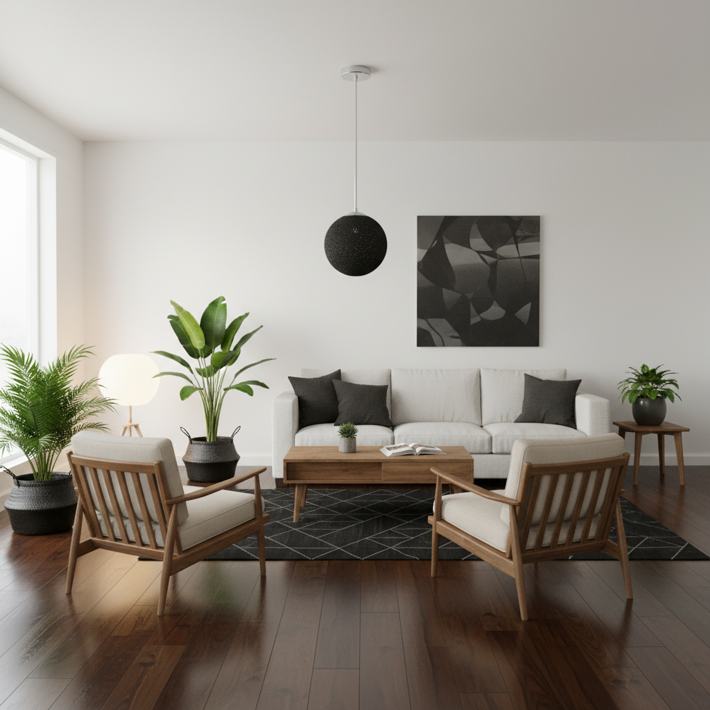 Modern Wicker Rattan Pendant Lampshade in Black hanging in a bright modern white living space with wooden furniture and green plants