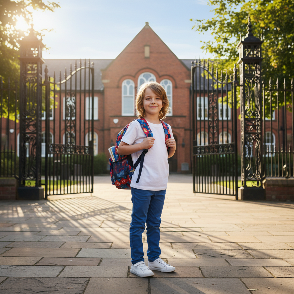 Child wearing a plain white Fruit of the Loom t-shirt with school backpack - back to school - Emmy Jane Boutique