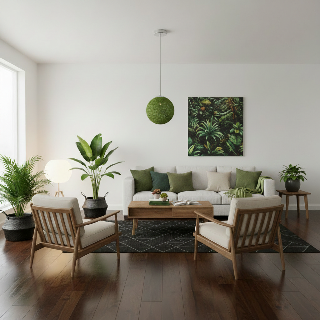 Modern Wicker Rattan Pendant Lampshade in Green hanging in a bright modern white living space with wooden furniture and green plants