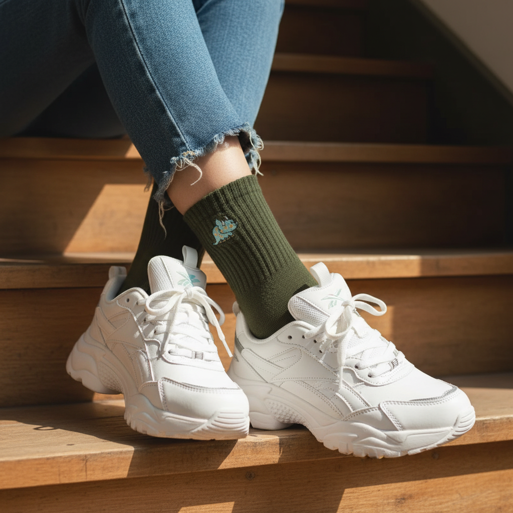 Olive green embroidered Stegosaurus dinosaur cotton tube socks worn with white chunky trainers and frayed denim jeans on wooden steps - Emmy Jane Boutique
