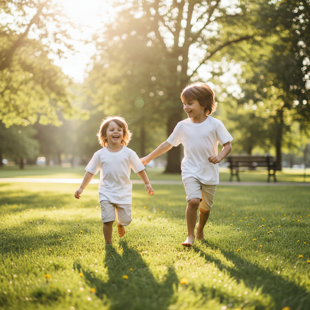 Two children wearing plain white Fruit of the Loom t-shirts playing together in a sunny park - Emmy Jane Boutique