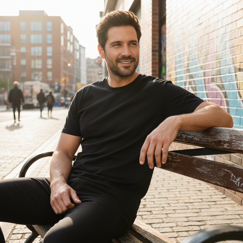 Man wearing a plain black UNEEK cotton crew neck t-shirt relaxing outdoors in an urban setting - Emmy Jane Boutique