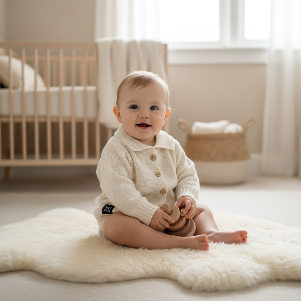 Baby wearing ivory collared chunky knit cardigan with wooden buttons in a bright airy nursery - Fable and Bear at Emmy Jane Boutique