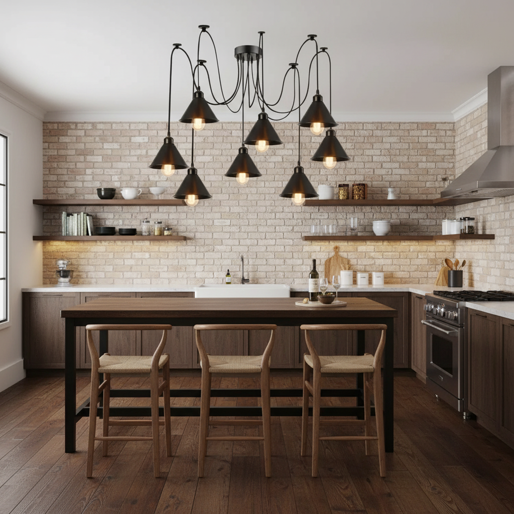 8 Way Spider Ceiling Pendant Light with Edison bulbs glowing in a modern industrial kitchen with exposed brick and dark wood worktops - Emmy Jane Boutique