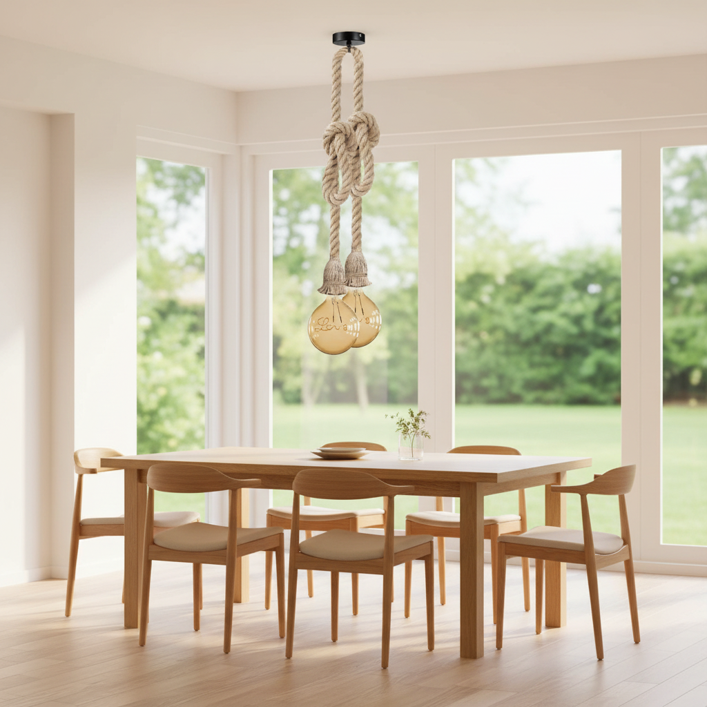 Modern Hemp Rope Hanging Pendant Light with twin Edison Love bulbs hanging over a light wooden dining table in a bright airy room with garden view