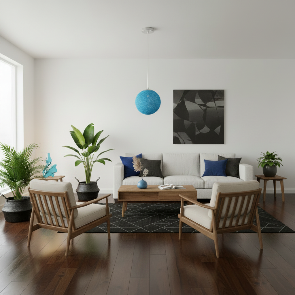Modern Wicker Rattan Pendant Lampshade in Blue hanging in a bright modern white living space with wooden furniture and green plants