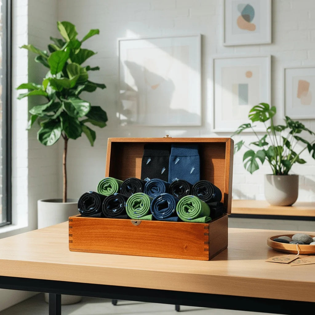 A wooden storage box filled with rolled exercise or yoga mats in black, navy, and green, displayed on a light wood table in a bright, modern room with framed wall art and potted plants.