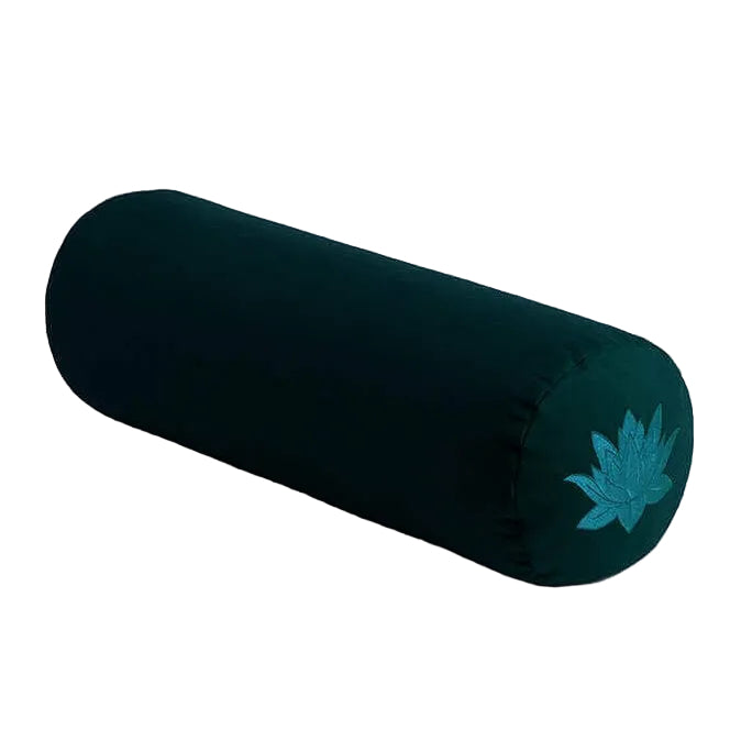 Teal cylindrical yoga bolster with a blue lotus flower design on a light grey background
