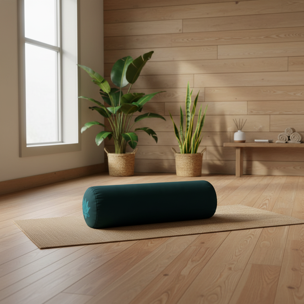 A dark teal cylindrical yoga bolster pillow resting on a tan jute mat in a bright, modern room with light wood floors and wall paneling, flanked by potted green plants.