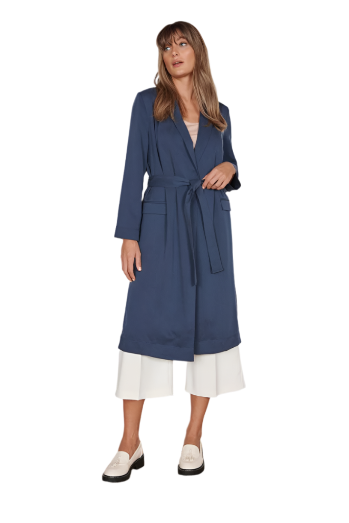 Womens Long Coat Blue Dali Navy Longline Lightweight Coat - Sustainable Fabric