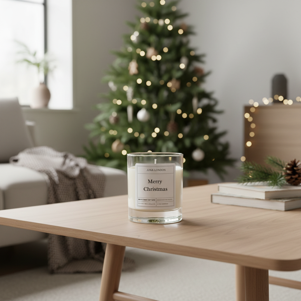Glass candle with 'Merry Christmas' label on a wooden table in a cozy living room with a decorated Christmas tree.