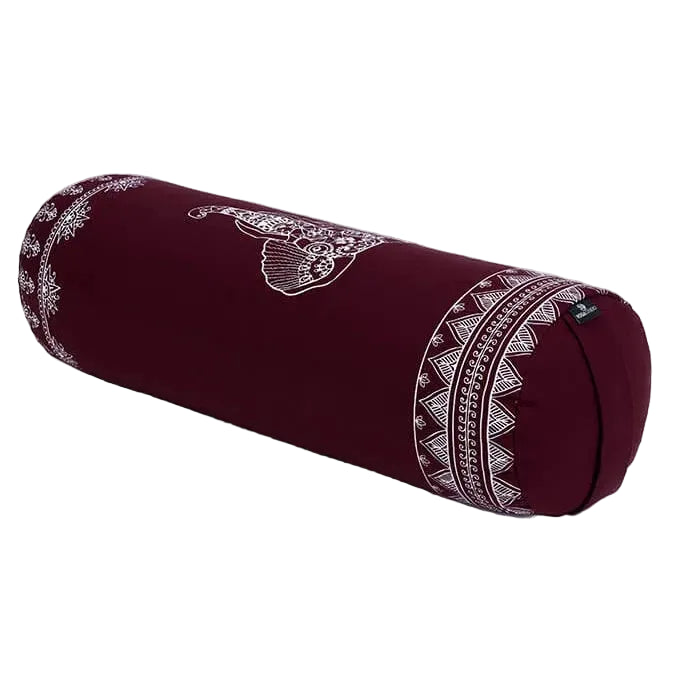 Maroon yoga bolster with white patterns on a white background