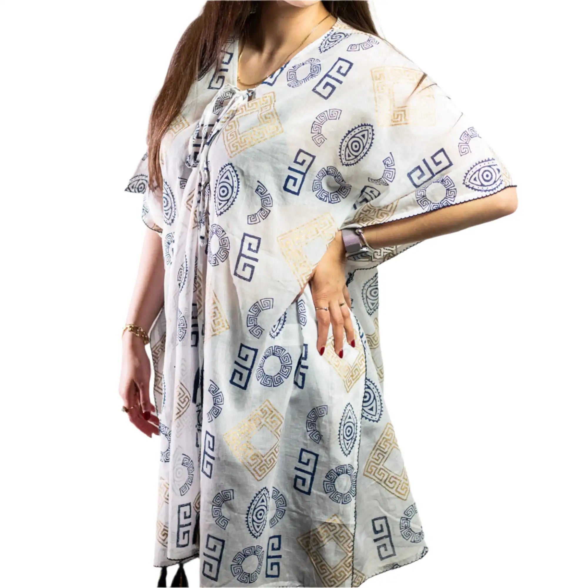 Ancient Wisdom Cotton Kaftan Dress - Handpainted Summer Tops Clothing & Accessories > Clothing > Shirts & Tops > Cotton Kaftans > On the Med Beach Clothing Collection > Handpainted Summer Tops emmy-jane-boutique.myshopify.com