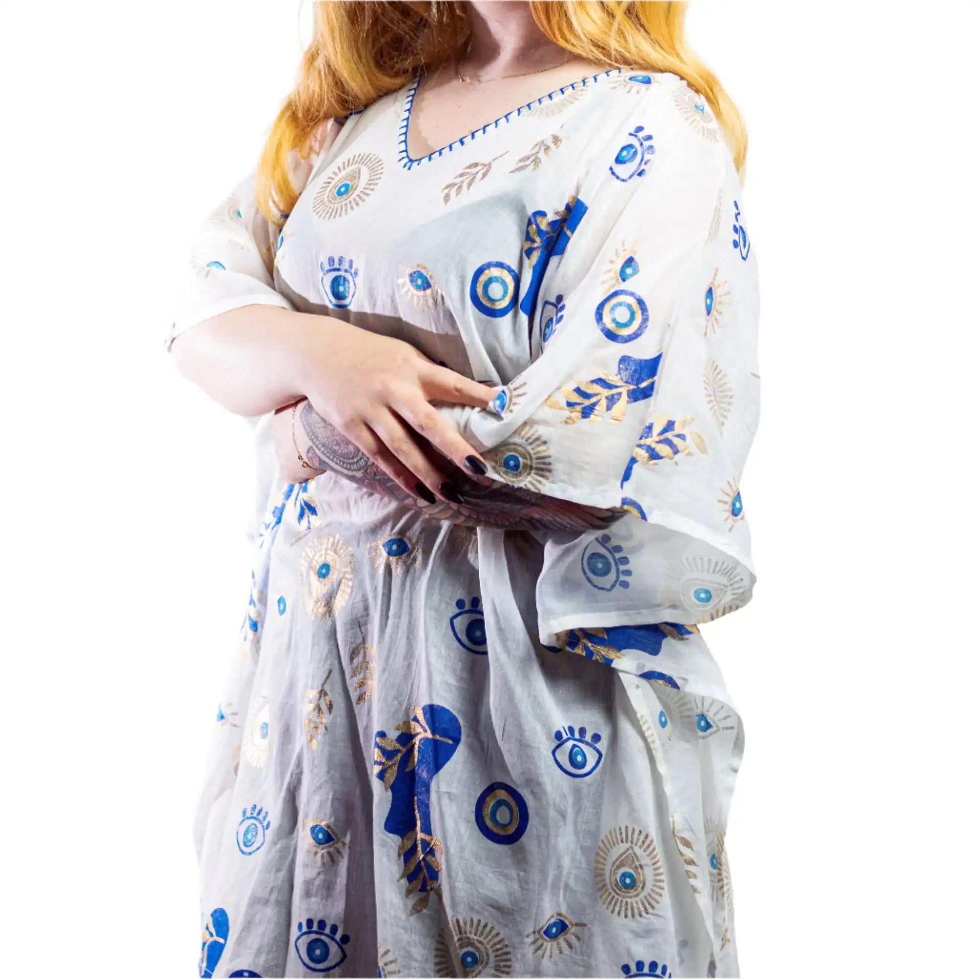 Ancient Wisdom Cotton Kaftan Dress - Handpainted Summer Tops Clothing & Accessories > Clothing > Shirts & Tops > Cotton Kaftans > On the Med Beach Clothing Collection > Handpainted Summer Tops emmy-jane-boutique.myshopify.com