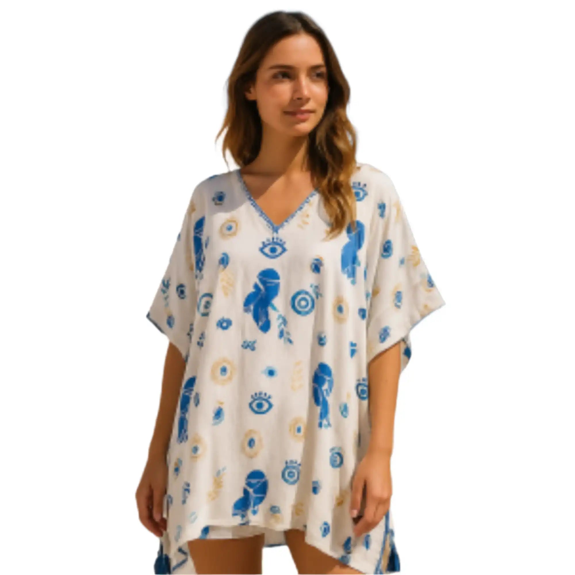Ancient Wisdom Cotton Kaftan Dress - Handpainted Summer Tops Clothing & Accessories > Clothing > Shirts & Tops > Cotton Kaftans > On the Med Beach Clothing Collection > Handpainted Summer Tops emmy-jane-boutique.myshopify.com