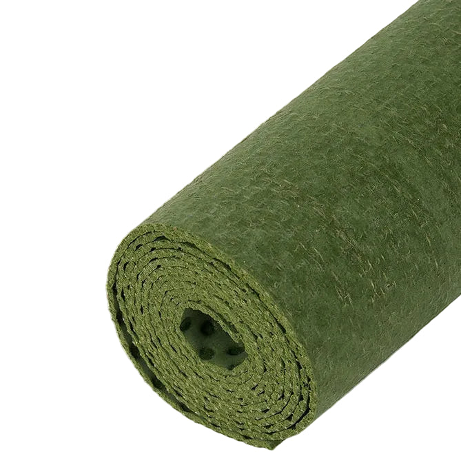 Rolled up green eco yoga mat on a white background