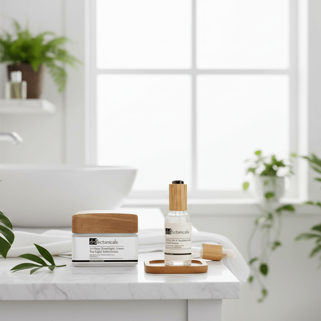 Cosmetic products on a marble surface with a blurred bathroom background
